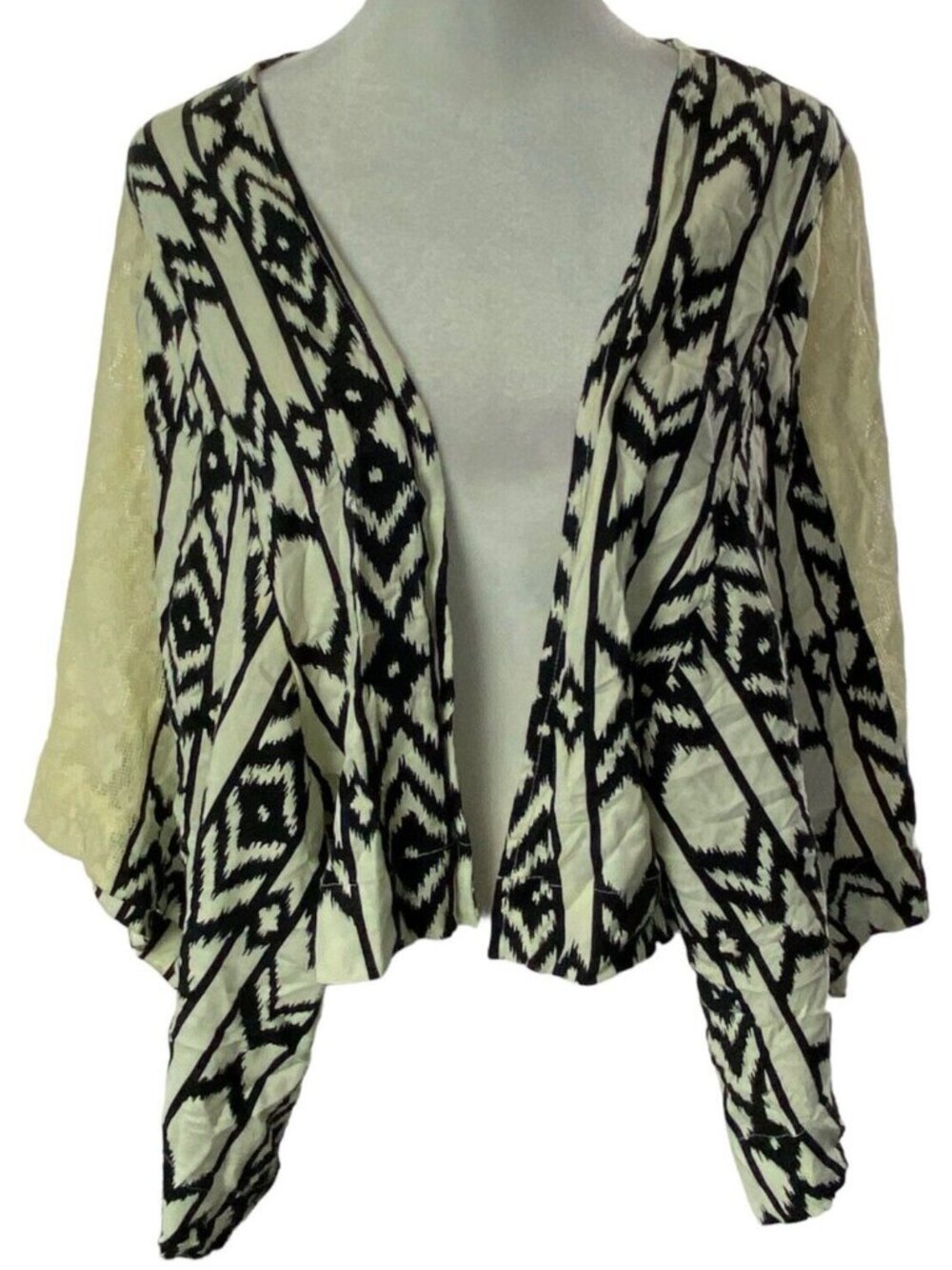 ANAMA Women Open Front Aztec Design Kimono Lace Sleeve Blouse Sz S Black 24-10‎